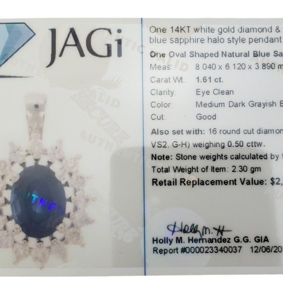 14K White Gold Sapphire and Diamond Pendant Certified #16203 - Picture 8 of 8